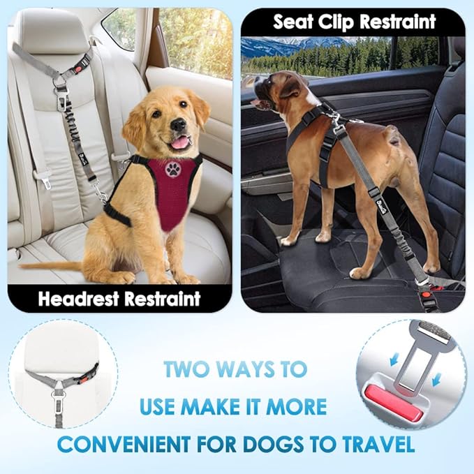 SlowTon Dog Seat Belt for Car, 2 Pack Dog Car Harness Seatbelt Adjustable with Elastic Bungee Buffer, 2 in 1 Pet Car Leash Headrest Restraint Dog Reflective Safety Tether (Grey, Headrest+Clip)