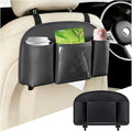 Car Back Seat Organizer, Leather 4-in-1 Seat Back Hanging Storage Bag with Tissue Box, 2 Cup Holder & Hook, Multi-Purpose Backseat Organizer Pocket for Hold Phone Drink, Universal Fit (Black)