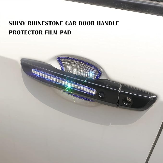 kingsea 8pcs Bling Car Door Handle Protector Stickers,Crystal Rhinestone Glitter Car Door Handles Cup Scratch Protectors Decals Universal (White & Blue)