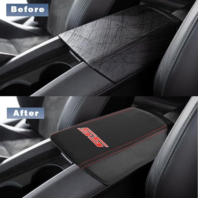 BOYOUS Armrest Cover Center Console Pad Full Protection Console Leather Arm Rest Interior Accessories Fit for Chevrolet Camaro 2010-2015-Red Stitches
