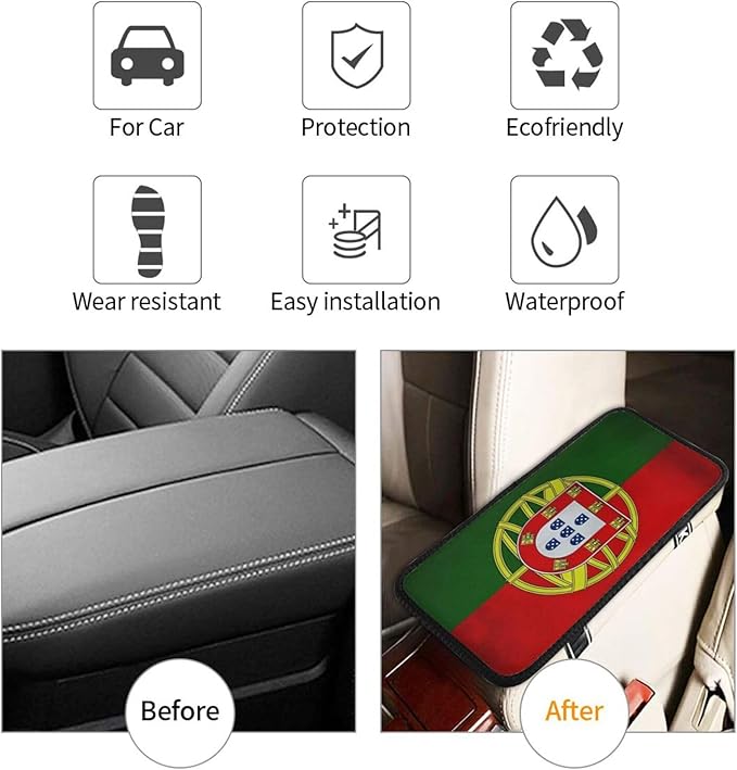 Vintage Portugal Portuguese Flag Car Center Console Cover, Universal Waterproof Armrest Pad, Soft Comfort Cushion & Scratch-Resistant Protector for Cars, SUVs and Trucks