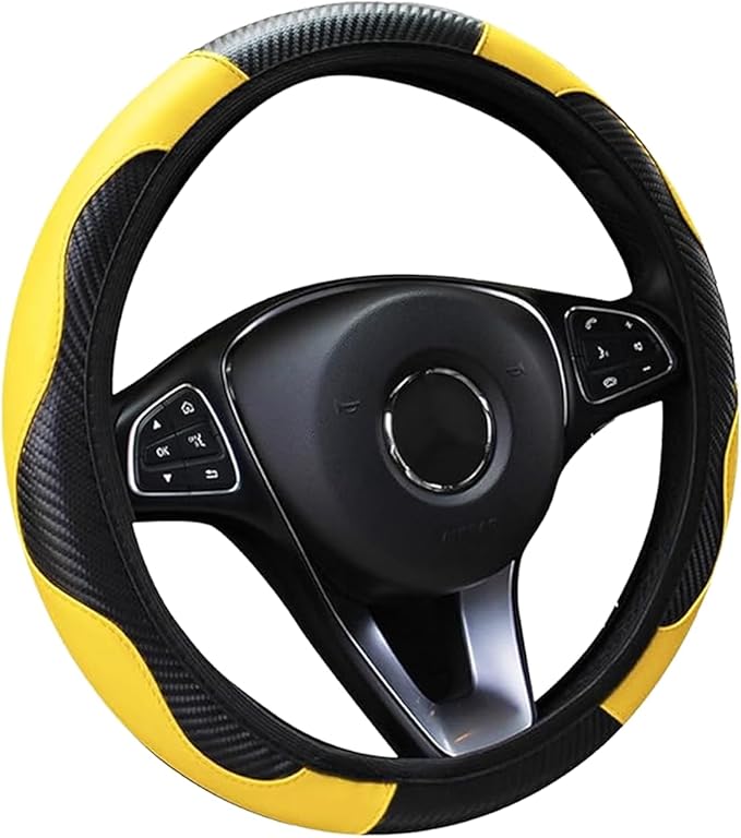 Car Steering Wheel Cover, 15 inch Carbon Fiber Microfiber PU Leather Elastic Steering Wheel Protector for Men Women, Universal Durable Car Decorative Fit for Most Cars, Trucks, SVU (Yellow)