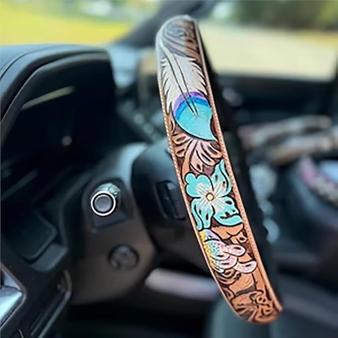 Western Steering Wheel Cover 14.5–15" – Retro Tooled Leather Pattern, Universal Anti-Slip Car Accessories for Trucks SUVs Cars, Boho Cowgirl/Cowboy Gift (B)
