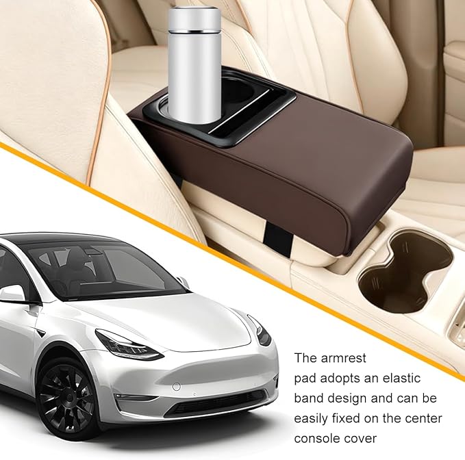 Car Center Console Armrest Pillow, Leather Vehicle Middle Console Protection Cushion with Cup & Phone Holder, Waterproof Automotive Arm Rest Box Cover Accessories, Universal Fit (Coffee)