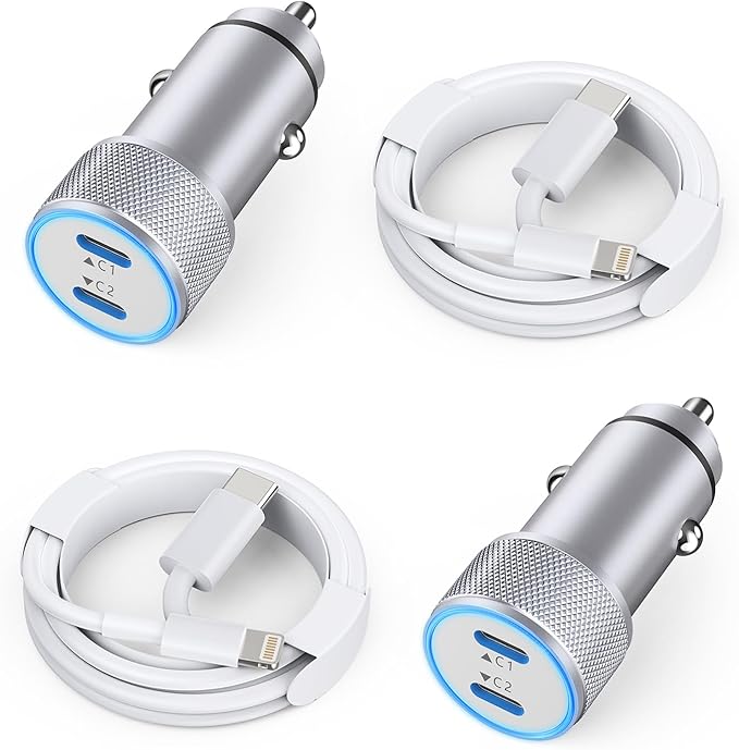 iPhone Car Charger,【2Pack】Dual Port USB C Fast Charger Car Power Adapter [Apple MFi Certfied] Apple Charging Cigarette Lighter with 2Pack Lightning Cable for iPhone 14 13 12 Pro 11 X SE 8 iPad- Silver