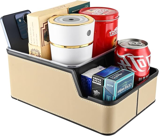 keketuohai Car Organizer Between Back Seat,Car Armrest Storage Box with 3 Compartment,Multifunctional Storage Box with Cup Holder Tray,Car Seat Organizer with Non-slip Mat(Beige)