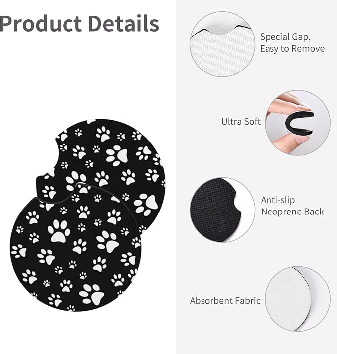 Black and White Dog Cat Paw Print Steering Wheel Cover for Women Men with 2 Pcs Car Coasters, 15 Inches Neoprene Anti-Slip Cute Universal Car Accessories Protective Cover for Vehicle
