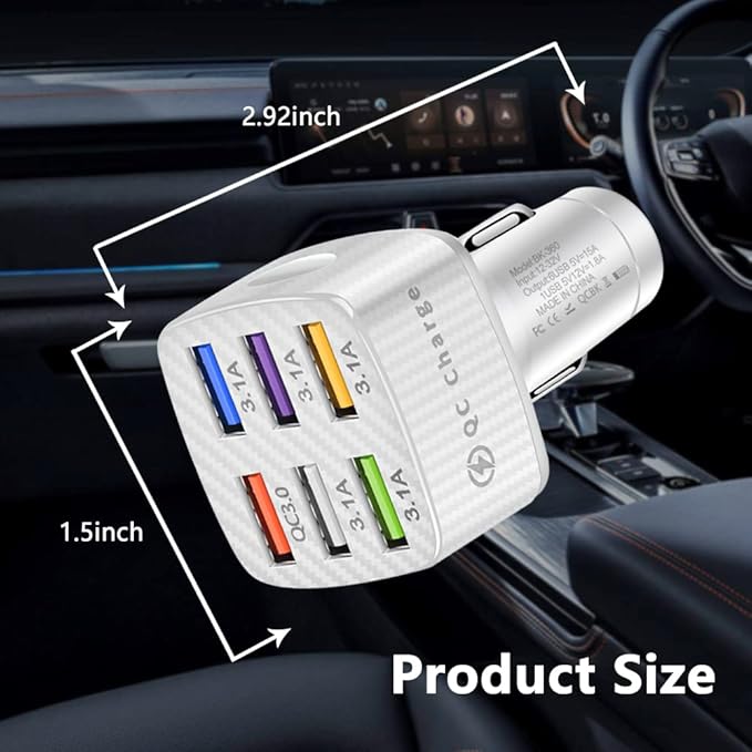 Fast Charging 6 Ports Car Phone Charger Adapter,QC3.0/3.1A Type Smart Shunt Cigarette Lighter USB Charger Compatible with iPhone 14 13 12,S22 S21 S20,iPad Pro& All Mobil Phone (White)