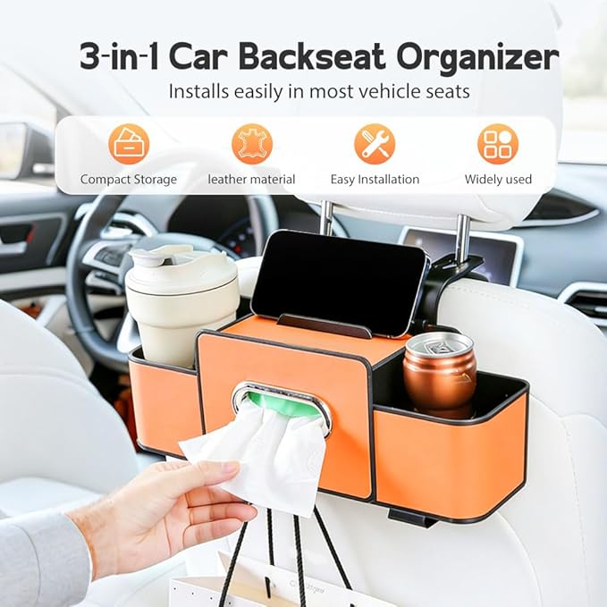 Multifunctional Car Seat Back Storage Box, 3-in-1 Backseat Car Organizer with Dual Cup Holders, Hold Phones, Snacks, Drinks, and Handbags (Orange)