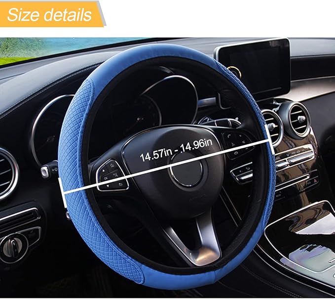 Leather Car Steering Wheel Cover, Elastic, Breathable Anti-Slip, Universal 15 inch, Steering Wheel Cover for Men Women (Blue)