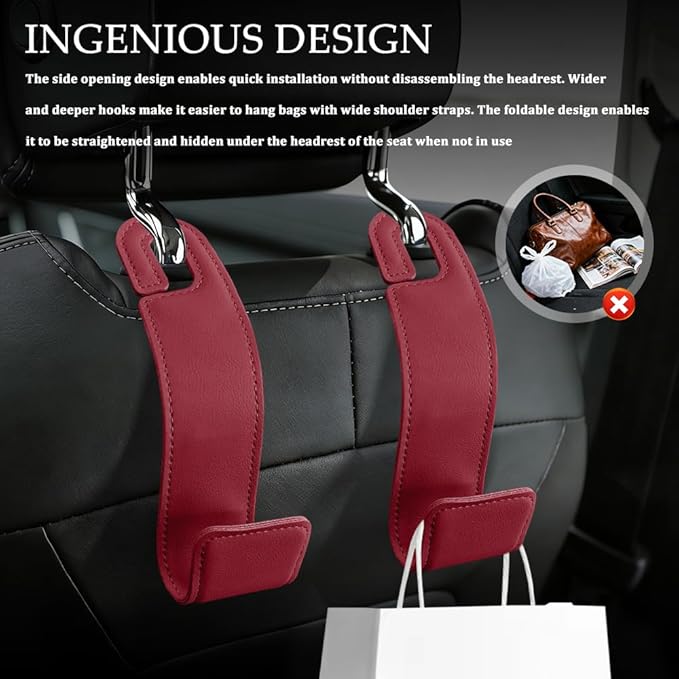 1PCS Purse Holder for Car, Purse Hook for Car, Leather Headrest Hooks for Automotive Back Seat, Auto Accessories Back Seat Organizer Hook for Grocery Bag Handbag Coat (Red, 1PCS)