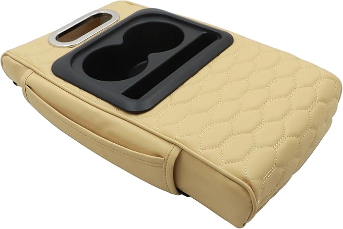 AOUTTUOA Universal Car Integrated Pressurized Multifunctional Armrest Heightening Pad Microfiber Leather Tan Car Center Console Armrest with 2 Cup Holders Phone Storage Slot Tissue Box Side Pockets