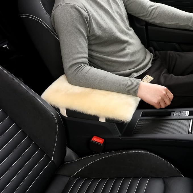IRIWOOL Sheepskin Armrest Cover Auto Center Armrest Cover Car Soft Console Pad, Fluffy Wool Auto Center Console Cover for Most Car Arm Rest Decoration Protector 7 x 13 Inch (Shearling, Mint)