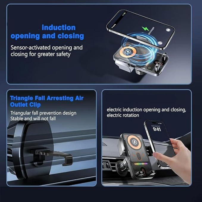 2026 New Cool Car Wireless Fast Charging Phone Holder, High Intelligent 2 in 1 Wireless Charging Rotating Car Mount, Auto-Clamping Dashboard Cars Bracket with Charger Station for All Smart Phone (B+)