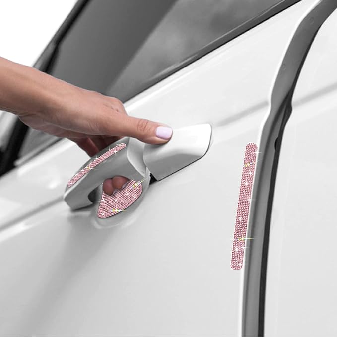 10PCS Car Door Handle Bling Rhinestones Stickers Universal Auto Door Handle Scratch Cover Guard Protective Film Pad with Safety Reflective Strips, Pink