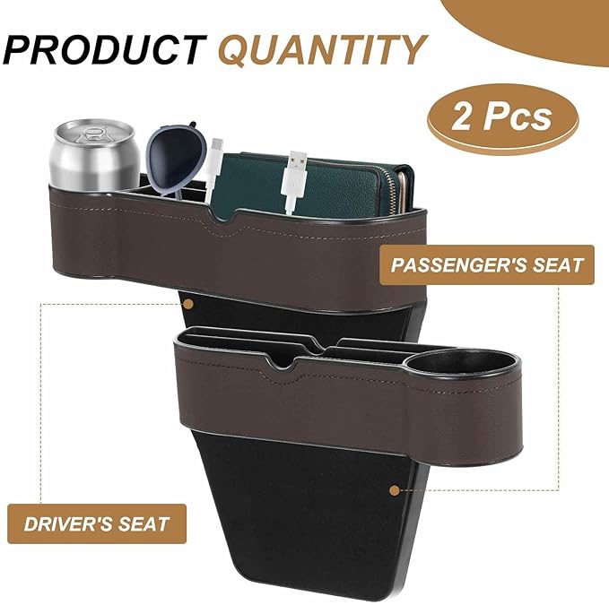 HARFINGTON 2pcs Car Seat Gap Filler Organizer 10.6 x 7.1 x 2.8 Inch ABS+Leather Universal Car Organizer Storage Box Between Seat and Console (Left+Right) with Cup Holders for Phone, Brown