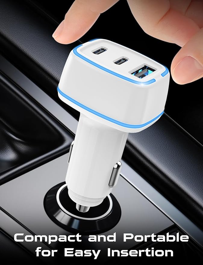USB C Car Charger, 3 Port PD Super Mini Cigarette Lighter Adapter, 2Pack USB-C & A Fast Car Charging for iPhone 16/15 Pro Max, Galaxy S25/S24, iPad, Pixel, Android Phones,White