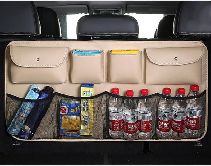Trunk Organizer for Volvo XC90 XC70 XC60 XC40 V90 V70 V60 V40, Vehicle Hanging Back Seat Boot Bag Car Leather Cargo Storage Bags Waterproof Multifunction Accessories,E/Beige