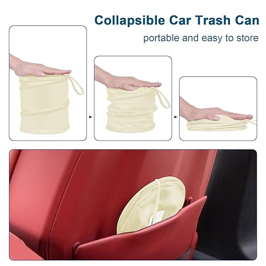 Kincown Car Trash Can, 2 Packs Mini Collapsible Car Trash Bin for Front Back Seat, Pop up Car Garbage Can, Portable Car Trash Bag Hanging for Vehicle SUV Rv Truck Accessories Interior, Beige