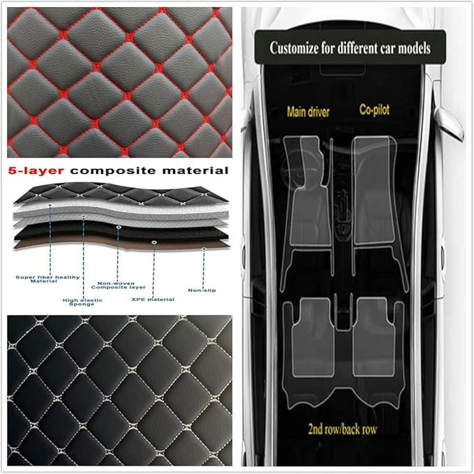 Custom Personalized Floor Mats for Cars - Luxury Full Coverage All Weather Mats, Anti-Slip Leather Mat Set, Fit for 99% of Cars, SUVs & Trucks (Red, A-Diamond)