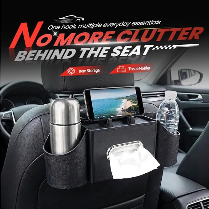 4-In-1 Car Organizer Back Seat, 2026 New Multifunctional Organizer, Portable Car Cup Holder for Road Trips, Durable Car Trash Bin for Families, Universal Car Seat Organizer (Black)