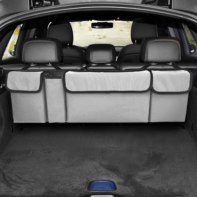 Car Trunk Organizer, Collapsible Large Capacity Auto Backseat Hanging Storage Bag with Adjustable Strap & 4 Pockets, Space Saving Car Back Seat Cargo Bag, Universal for Vehicles (White)