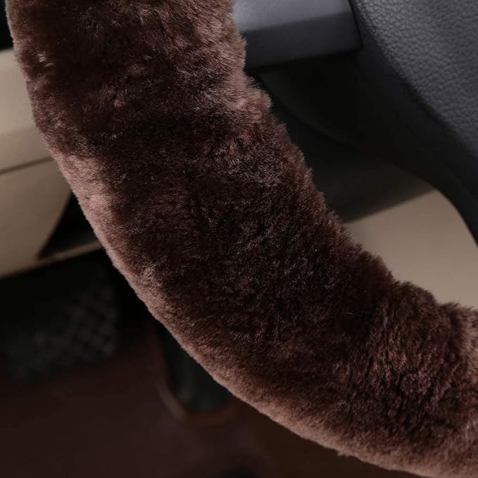 Fluffy Fur Wool Sheepskin car Steering Wheel Cover, Fuzzy Protector for Universal Steering Wheel 15inch, Anti-Slip,Comforting and Luxurious, Soft Texture (Mocha)