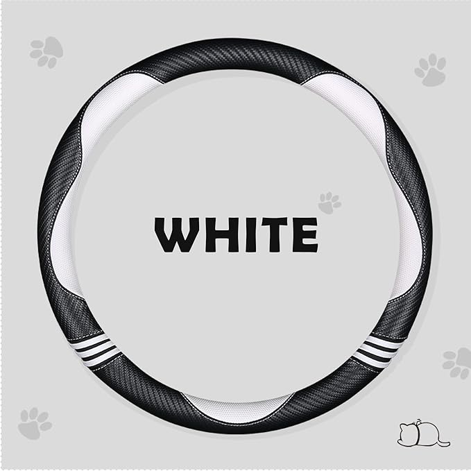 Car Steering Wheel Covers for Women Girl Padded Carbon Fiber PU Leather Cute Cartoon Auto Interior Accessories for Jeep, Truck, Universal, Anti Slip, White, Large Size, 15.2-16in