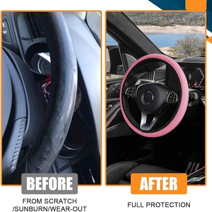 Car Steering Wheel Cover, Universal 14.5-15 Inch Pink Leather Steering Wheel Wrap with Better Sport Grip for Men Women, Anti-Slip Breathable Car Interior Accessories for Most Vehicles (Pink)