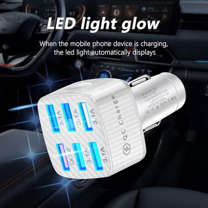 Fast Charging 6 Ports Car Phone Charger Adapter,QC3.0/3.1A Type Smart Shunt Cigarette Lighter USB Charger Compatible with iPhone 14 13 12,S22 S21 S20,iPad Pro& All Mobil Phone (White)