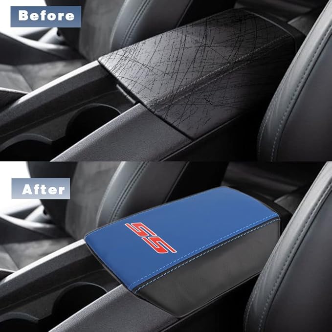 BOYOUS Armrest Cover Center Console Pad Full Protection Console Leather Arm Rest Interior Accessories Fit for Chevrolet Camaro 2010-2015-Blue+Black