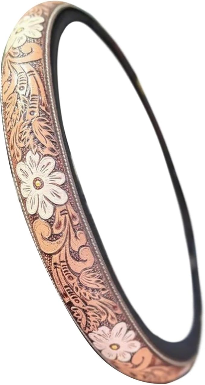 Steering Wheel Cover Western Car Tooled Leather Retro Cowboy Car & Truck Accessory, Universal 15 Inch Non Slip Wheel Cover for SUV, Pickup, Comfortable Grip, Easy to Install (Brown)
