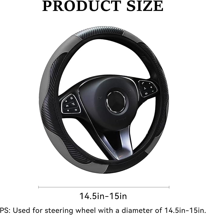 Car Steering Wheel Cover, 15 inch Carbon Fiber Microfiber PU Leather Elastic Steering Wheel Protector for Men Women, Universal Durable Car Decorative Fit for Most Cars, Trucks, SVU(Grey)