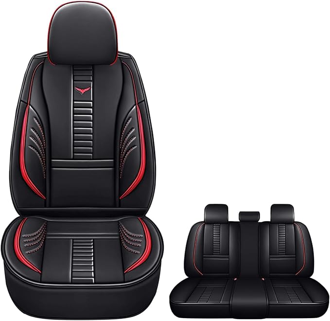 Pengchen Waterproof 5 Car Seat Covers for Audi 1999-2025 95% Models, Premium Faux Leather Automotive Front and Back Seat Protectors Compatible with Airbag Black & Red Line