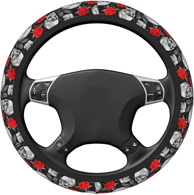 Skull Red Rose Steering Wheel Cover for Women Men Girls, Car Accessories Decor Thickened Anti-Slip Auto Steering Wheel Covers Protector Universal Fit 15 Inch for Cars, Truck, SUV