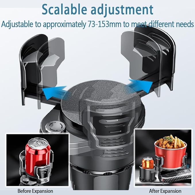 Upgrade Dual Cup Holder Expander, 2 in 1 Multifunction Cup Holder for Car with Lock, 360° Rotating Car Cup Drink Holder with Adjustable Base, Cupholder Expander for Large Water Bottles, Cups