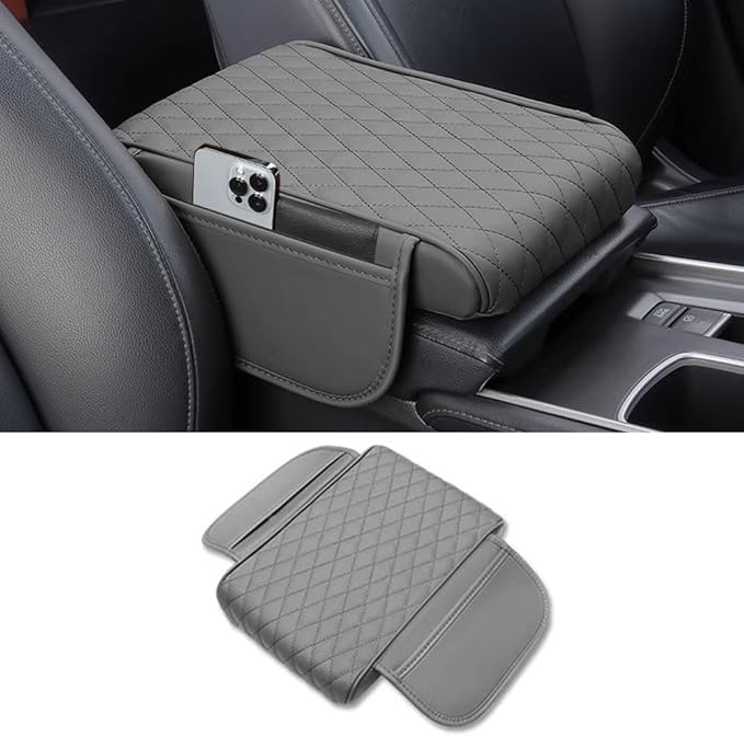 Car Center Console Armrest Cover, Leather Car Center Console Cover Cushion with 2 Storage Bags, Universal Center Console Pad Thickened Memory Foam Car Armrest Lids Storage Box (Gray)