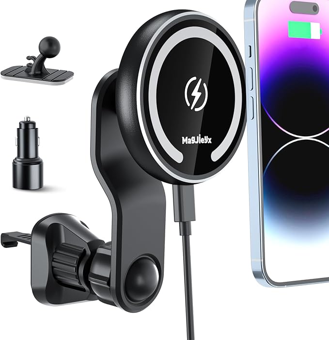 MAGJIEYX for Magsafe Car Mount Charger for Auto-Alignment Magnetic Wireless Charger iPhone 12/13/14/15/16Pro Max/Plus/Mini/Magsafe Case Air Vent and Dashboard Phone Holder with Fast 36W QC 3.0 Adapter