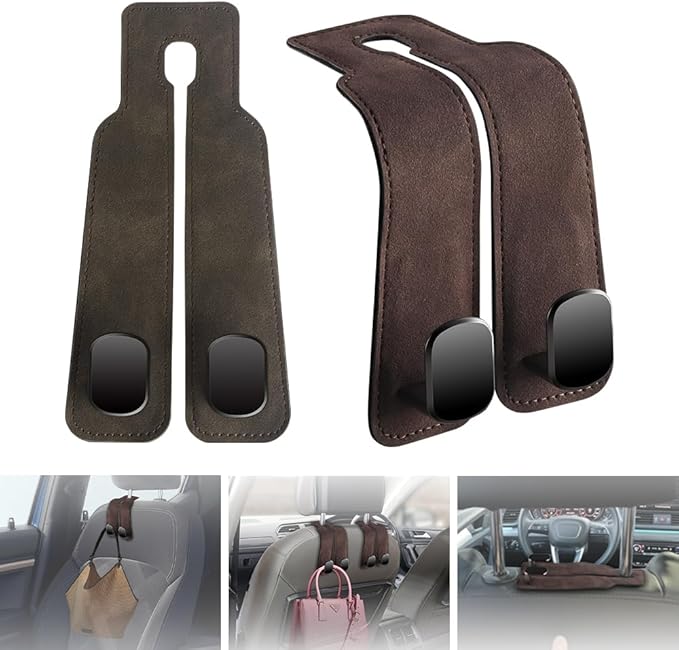 NHHEO Car Purse Hook for Headrest, 2 Pcs Car Seat Back Storage Hook Bendable Leather Universal Vehicle Car Bag Hooks(Brown)