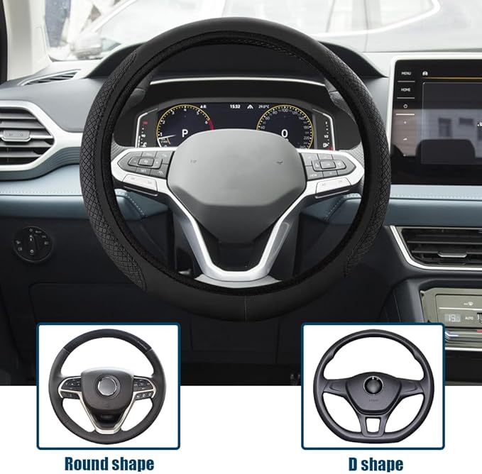 Car Steering Wheel Cover, Universal 14.5-15 Inch Black Leather Steering Wheel Wrap with Better Sport Grip for Men Women, Anti-Slip Breathable Car Interior Accessories for Most Vehicles (Black)