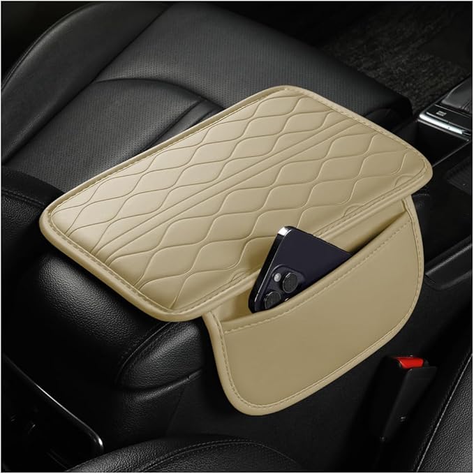 Car Center Console Cover, Leather Vehicle Armrest Seat Box Pad Cushion with 2 Storage Bags, Automotive Interior Arm Rest Protector Accessories, Universal for SUV, Sedan, Truck (Beige)