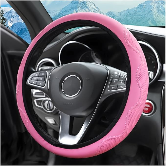 zipelo Elastic Stretch Steering Wheel Cover, Microfiber Breathable Ice Silk, Universal 15 Inch Anti-Slip Car Steering Wheel Protector, Warm in Winter and Cool in Summer for Women (Style2-Pink)