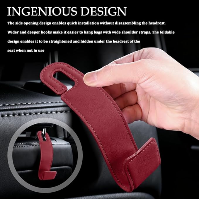 1PCS Purse Holder for Car, Purse Hook for Car, Leather Headrest Hooks for Automotive Back Seat, Auto Accessories Back Seat Organizer Hook for Grocery Bag Handbag Coat (Red, 1PCS)