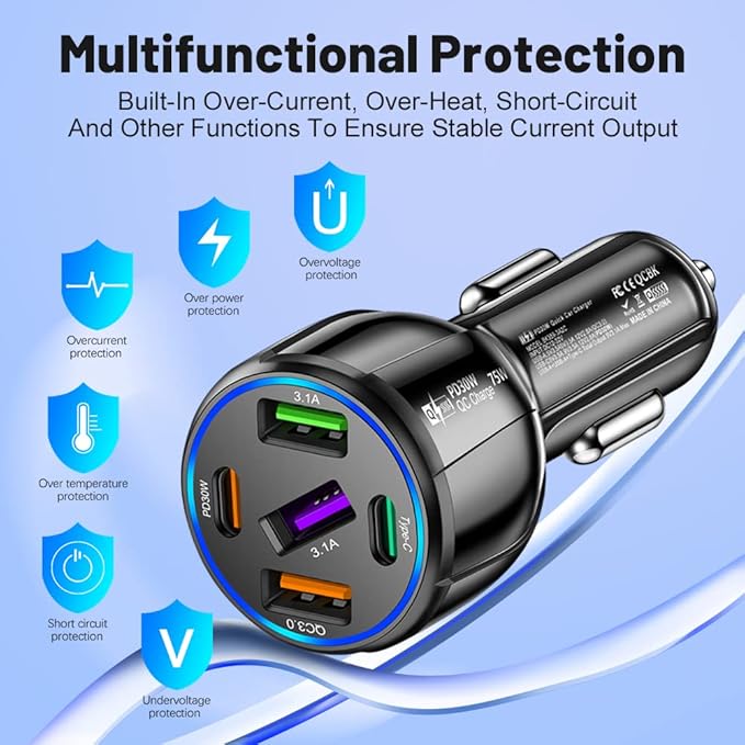 75W USB C Car Charger 5-Port Car Charger Adapter, PD & QC3.0 Fast Charging Cigarette Lighter USB Charger for iPhone/Android/Samsung Galaxy S10 S9 Plus (Black)