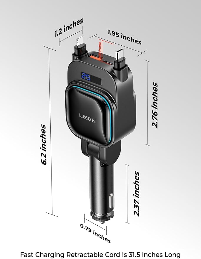 LISEN for iPhone 17 Pro Max Retractable Car Charger[USB C Cable & L Cable], 96W 4 in 1 Fast Charging Retractable Car Charger Cigarette Adapter for iPhone 16 15 14 13 12,Samsung Galaxy S25 S24, Android