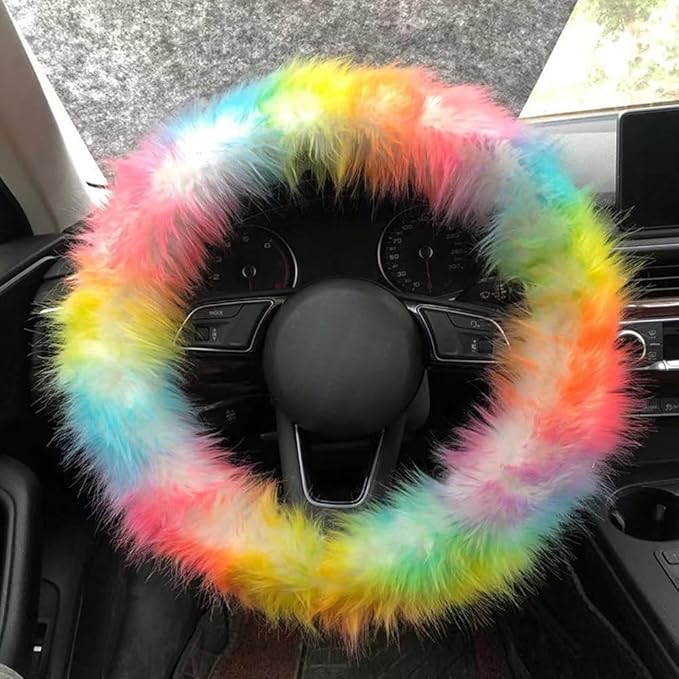 15inches Universal Leather Car Steering Wheel Cover Car Accessories Colorful Fuzzy Steering Covers Gear Shift Cover Handbrake Cover (Colourful)
