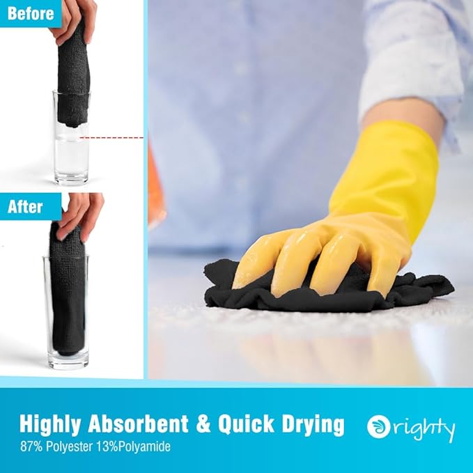 Orighty Black Microfiber Cleaning Cloth, 150 Pack Highly Absorbent Cleaning Supplies, Lint Free Kitchen Towels Cleaning Rags, Microfiber Towels for Cars, House, Window, 12x12 inch