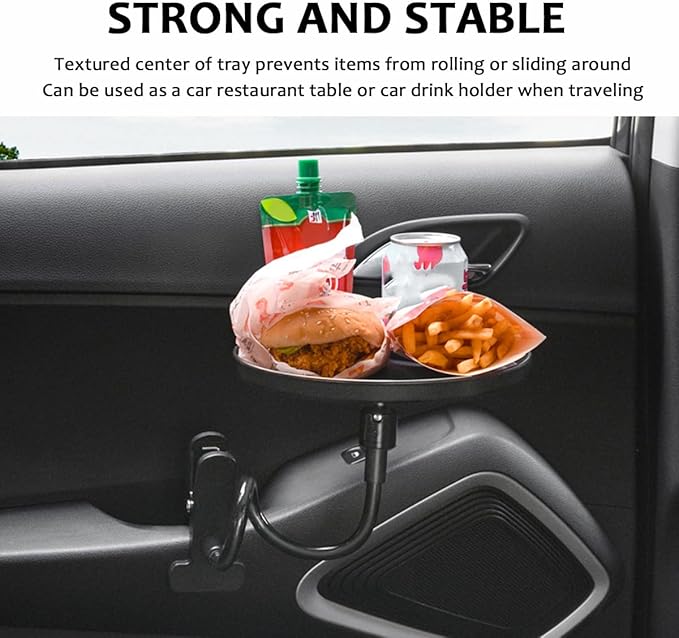 Adjustable Food Tray for Car, 360° Swivel Non-Slip Car Food Table for Drinks and Snacks, 8.7 Inches Diameter Swivel Car Clip Type Tray for Eating, Universal Car Accessories (Black)