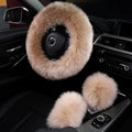 3Pcs Set Fashion Fluffy Fuzzy Wool Fur Soft Car Steering Wheel Cover with Handbrake Cover & Gear Shift Cover for Women/Girls/Ladies Auto Long Wool Accessories