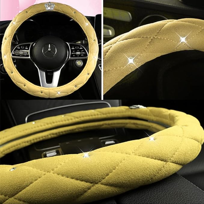 Bling Crown Crystal Car Steering Wheel Cover 15Inch Leather Steering Covers Cute Steering Wheel Protector (Yellow)